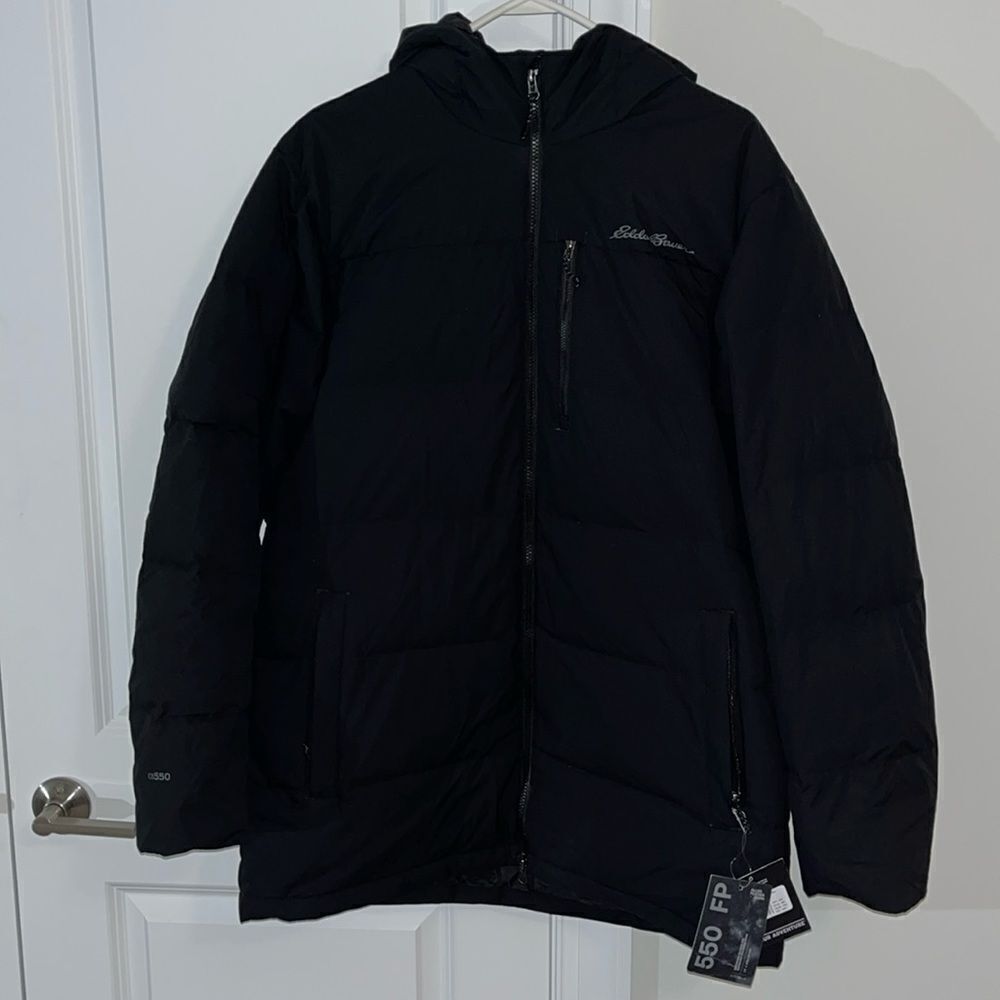 New $275 Eddie Bauer Eb550 Mens Black Down Filled Hooded Parka Coat Jacket L